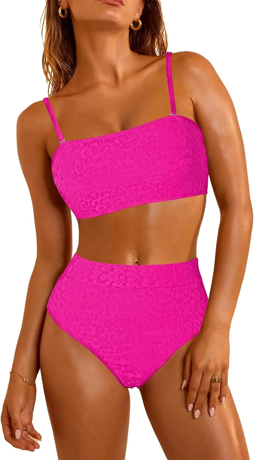 Pink Queen Women 2 Piece Bandeau Swimsuits Strapless Textured Bikini Set High Waisted Bathing Suits