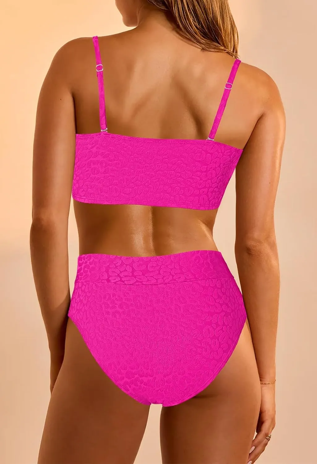 Pink Queen Women 2 Piece Bandeau Swimsuits Strapless Textured Bikini Set High Waisted Bathing Suits