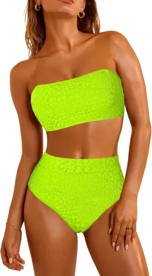 Pink Queen Women 2 Piece Bandeau Swimsuits Strapless Textured Bikini Set High Waisted Bathing Suits