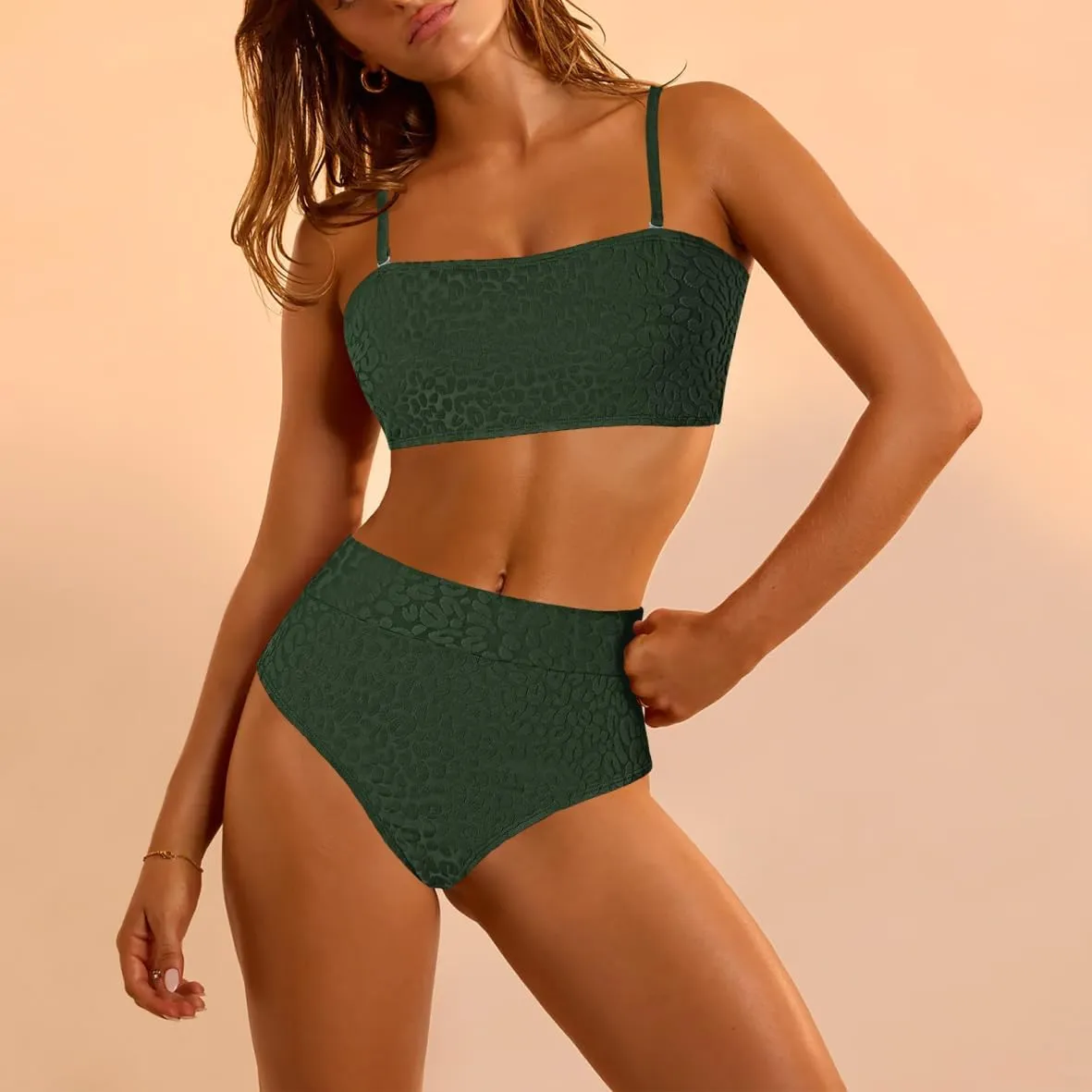 Pink Queen Women 2 Piece Bandeau Swimsuits Strapless Textured Bikini Set High Waisted Bathing Suits
