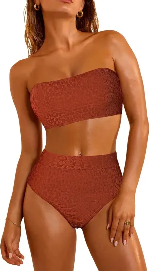 Pink Queen Women 2 Piece Bandeau Swimsuits Strapless Textured Bikini Set High Waisted Bathing Suits