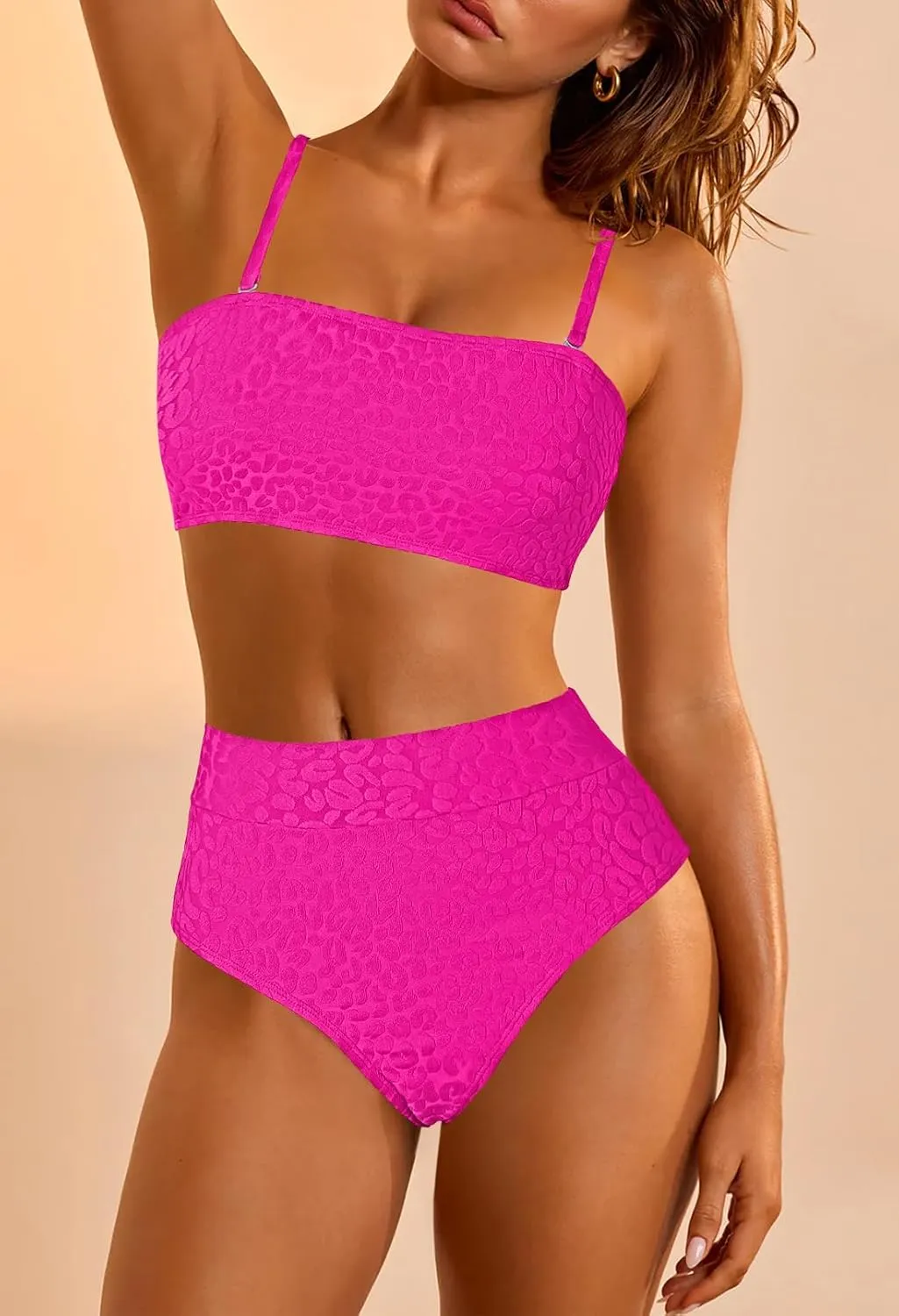 Pink Queen Women 2 Piece Bandeau Swimsuits Strapless Textured Bikini Set High Waisted Bathing Suits