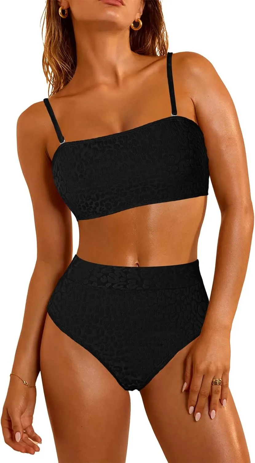 Pink Queen Women 2 Piece Bandeau Swimsuits Strapless Textured Bikini Set High Waisted Bathing Suits