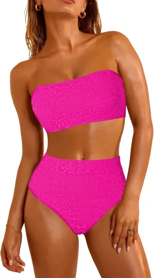 Pink Queen Women 2 Piece Bandeau Swimsuits Strapless Textured Bikini Set High Waisted Bathing Suits