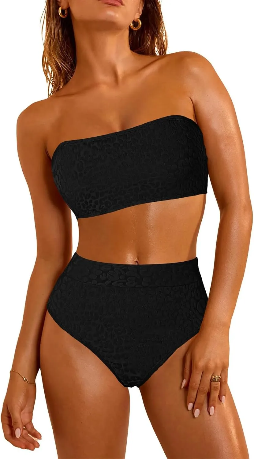 Pink Queen Women 2 Piece Bandeau Swimsuits Strapless Textured Bikini Set High Waisted Bathing Suits
