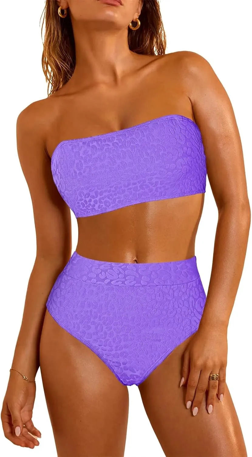 Pink Queen Women 2 Piece Bandeau Swimsuits Strapless Textured Bikini Set High Waisted Bathing Suits