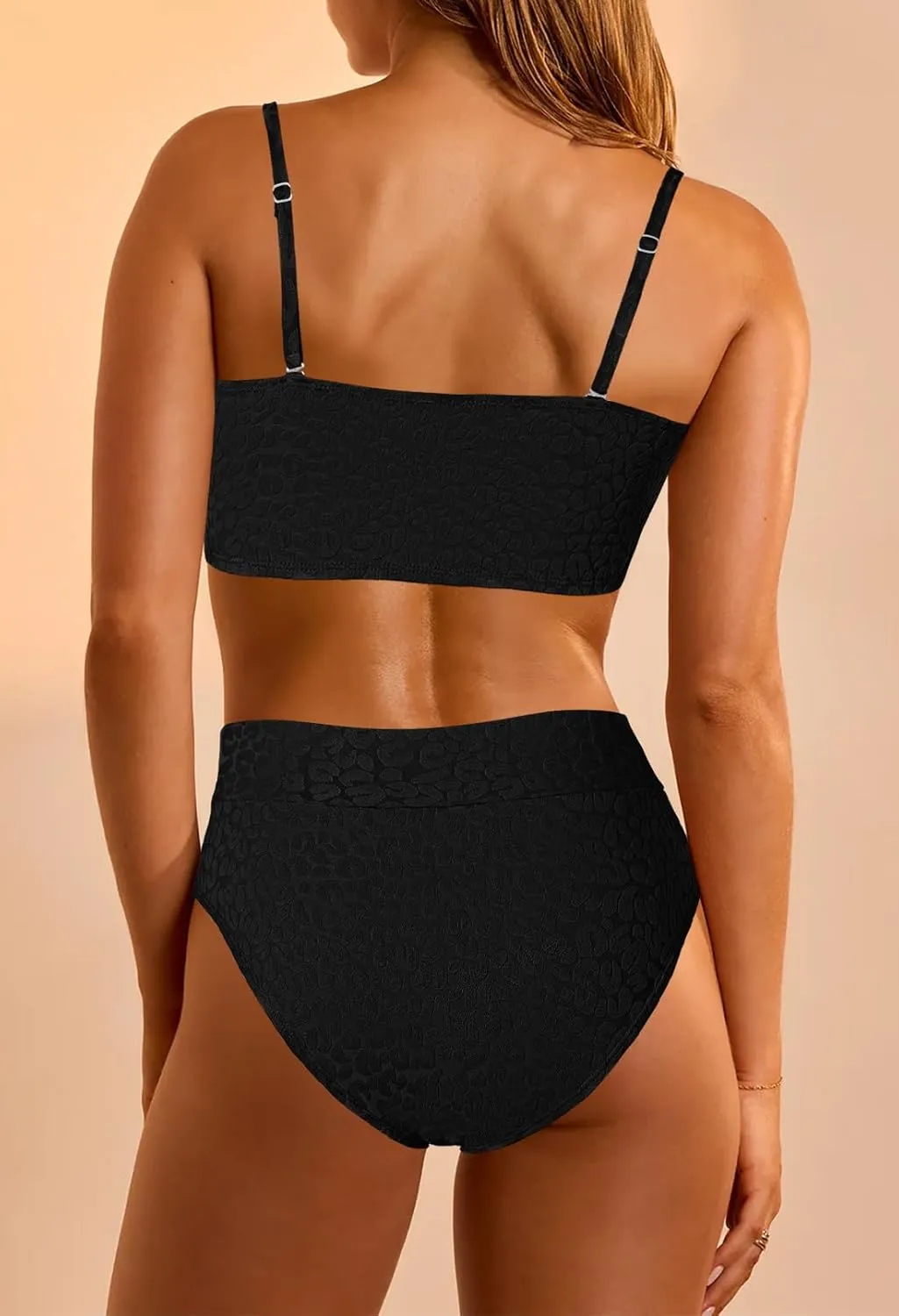 Pink Queen Women 2 Piece Bandeau Swimsuits Strapless Textured Bikini Set High Waisted Bathing Suits