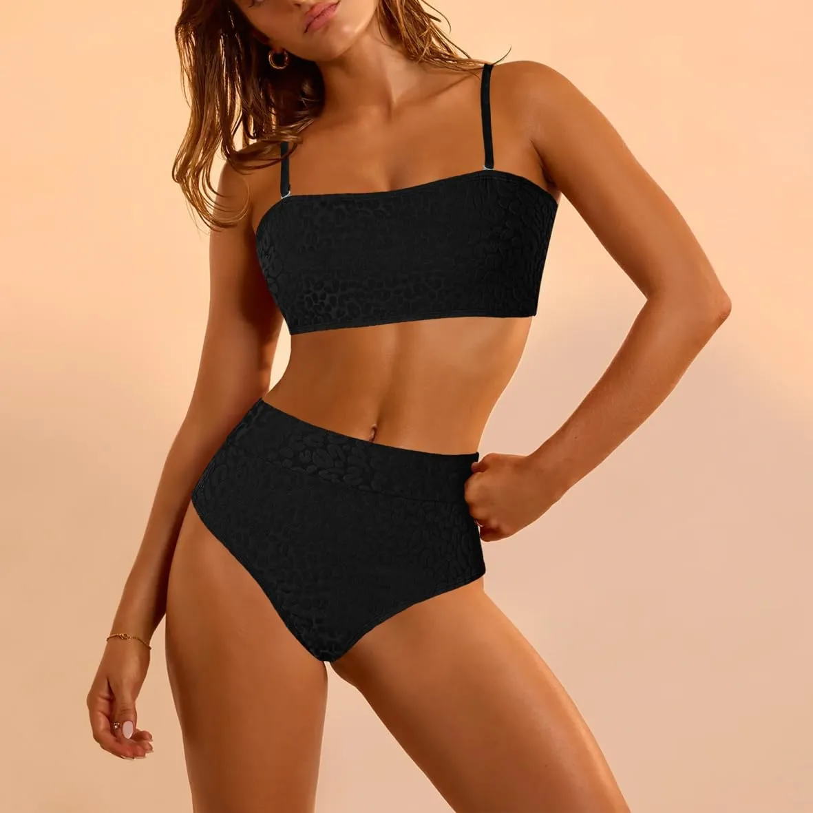 Pink Queen Women 2 Piece Bandeau Swimsuits Strapless Textured Bikini Set High Waisted Bathing Suits