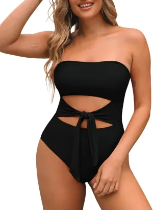 Pink Queen Women Bandeau One Piece Swimsuit Removable Strap Cutout Tie High Waist Bathing Suit Monokini