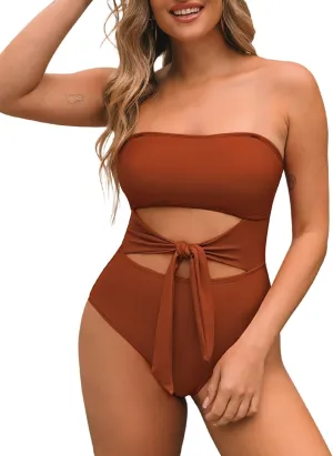 Pink Queen Women Bandeau One Piece Swimsuit Removable Strap Cutout Tie High Waist Bathing Suit Monokini