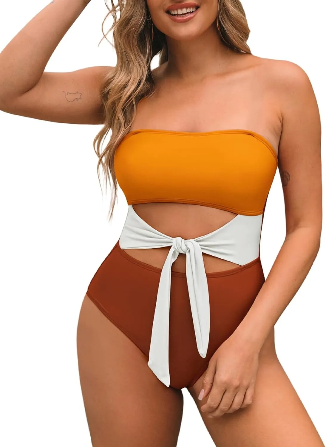 Pink Queen Women Bandeau One Piece Swimsuit Removable Strap Cutout Tie High Waist Bathing Suit Monokini
