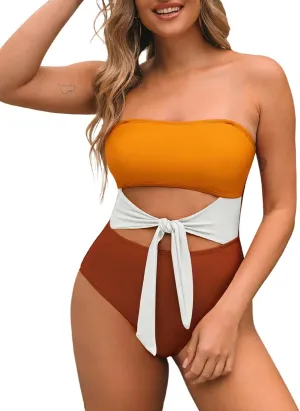 Pink Queen Women Bandeau One Piece Swimsuit Removable Strap Cutout Tie High Waist Bathing Suit Monokini