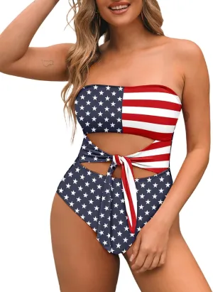 Pink Queen Women Bandeau One Piece Swimsuit Removable Strap Cutout Tie High Waist Bathing Suit Monokini