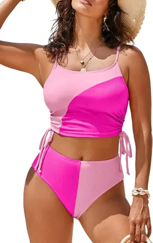 Pink Queen Women's 2 Piece Swimsuit Scoop Neck Ribbed Drawstring Ruched Crop Top High Waisted Bikini Sets Bathing Suit