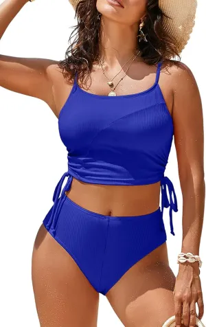 Pink Queen Women's 2 Piece Swimsuit Scoop Neck Ribbed Drawstring Ruched Crop Top High Waisted Bikini Sets Bathing Suit