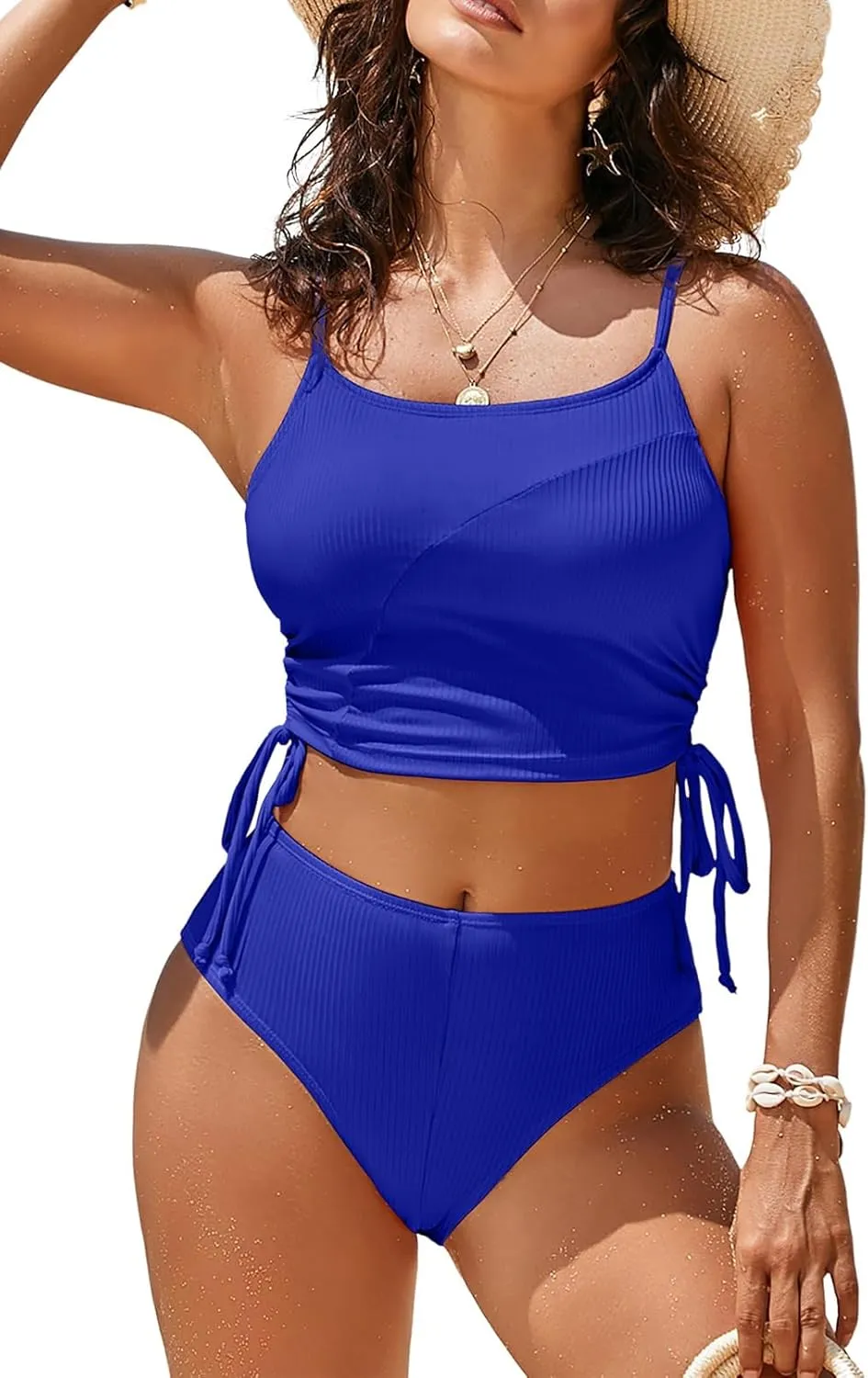 Pink Queen Women's 2 Piece Swimsuit Scoop Neck Ribbed Drawstring Ruched Crop Top High Waisted Bikini Sets Bathing Suit