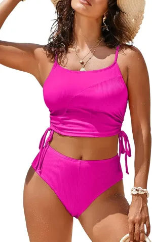 Pink Queen Women's 2 Piece Swimsuit Scoop Neck Ribbed Drawstring Ruched Crop Top High Waisted Bikini Sets Bathing Suit