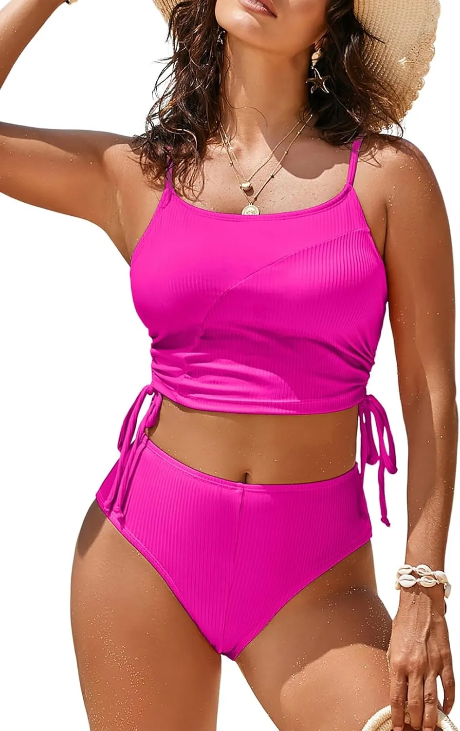 Pink Queen Women's 2 Piece Swimsuit Scoop Neck Ribbed Drawstring Ruched Crop Top High Waisted Bikini Sets Bathing Suit