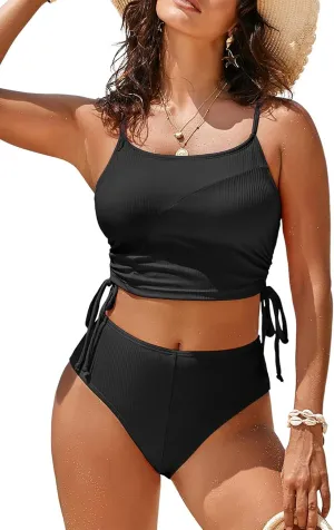 Pink Queen Women's 2 Piece Swimsuit Scoop Neck Ribbed Drawstring Ruched Crop Top High Waisted Bikini Sets Bathing Suit