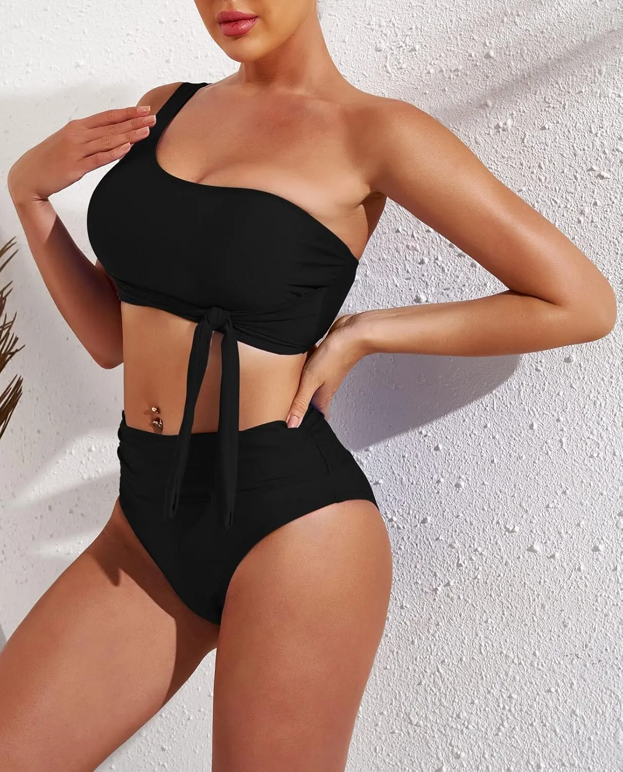 Pink Queen Women's One Shoulder High Waisted Bikini Set Two Piece Tie Ruched Swimsuit
