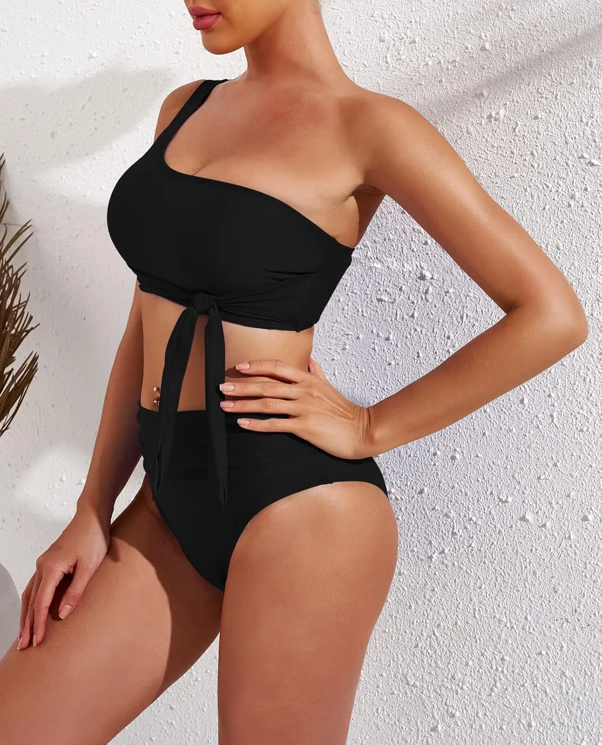 Pink Queen Women's One Shoulder High Waisted Bikini Set Two Piece Tie Ruched Swimsuit