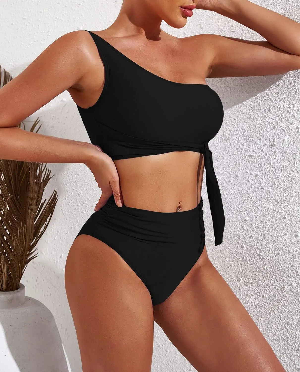 Pink Queen Women's One Shoulder High Waisted Bikini Set Two Piece Tie Ruched Swimsuit