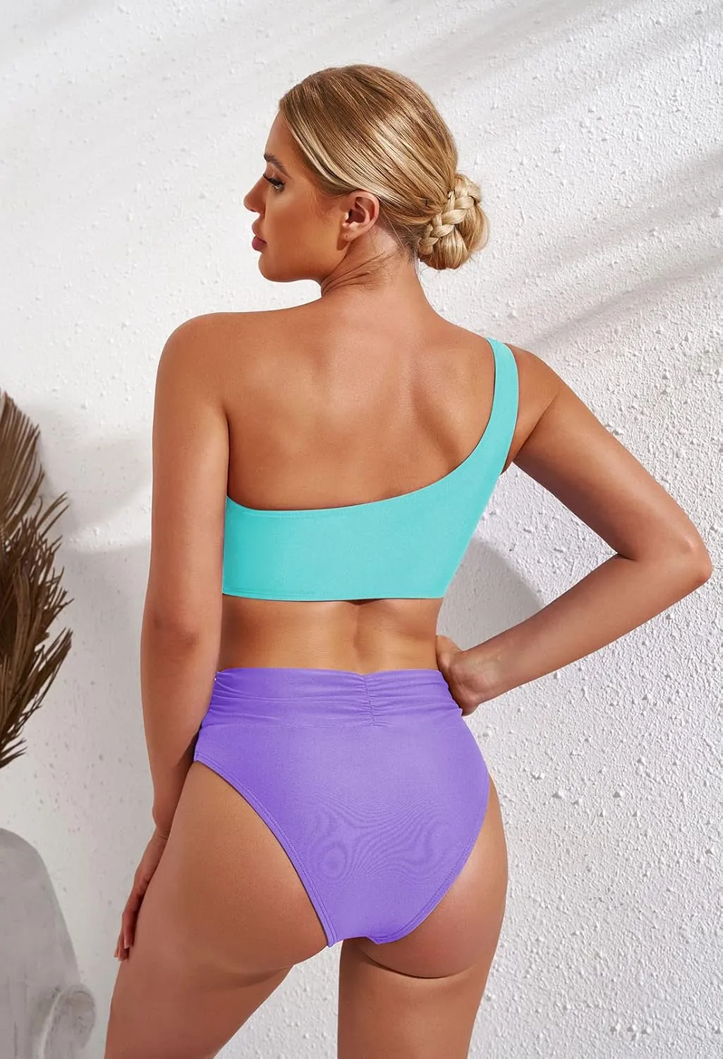 Pink Queen Women's One Shoulder High Waisted Bikini Set Two Piece Tie Ruched Swimsuit