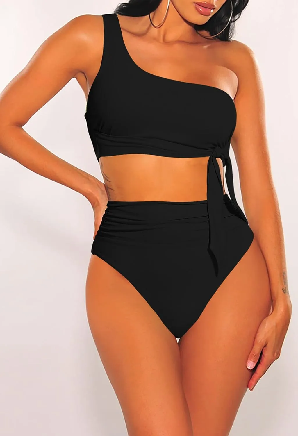 Pink Queen Women's One Shoulder High Waisted Bikini Set Two Piece Tie Ruched Swimsuit