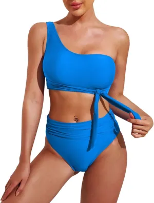 Pink Queen Women's One Shoulder High Waisted Bikini Set Two Piece Tie Ruched Swimsuit