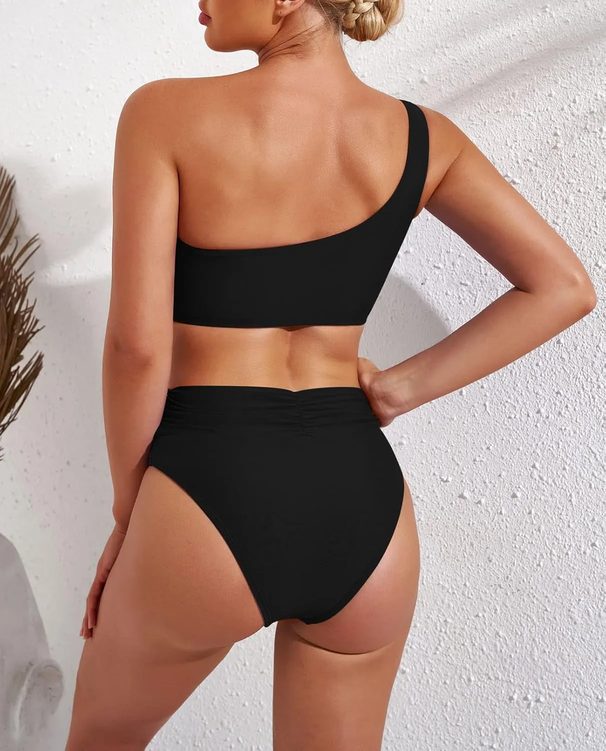 Pink Queen Women's One Shoulder High Waisted Bikini Set Two Piece Tie Ruched Swimsuit