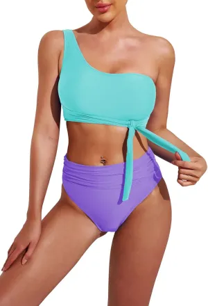 Pink Queen Women's One Shoulder High Waisted Bikini Set Two Piece Tie Ruched Swimsuit