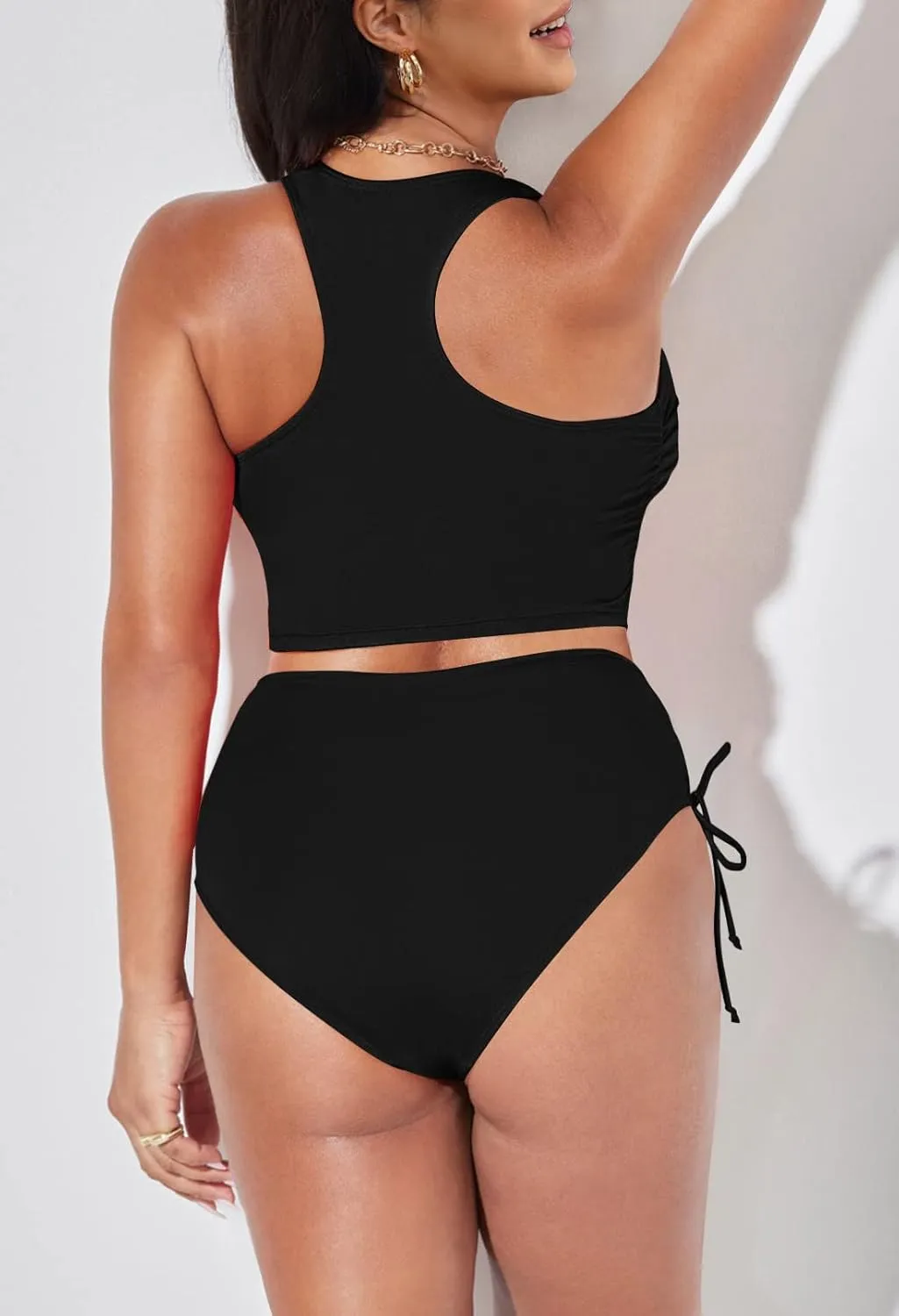 Pink Queen Women's Scoop Neck Racerback Ruched Crop Top High Waisted Bikini Sets 2 Piece Swimsuit Bathing Suit