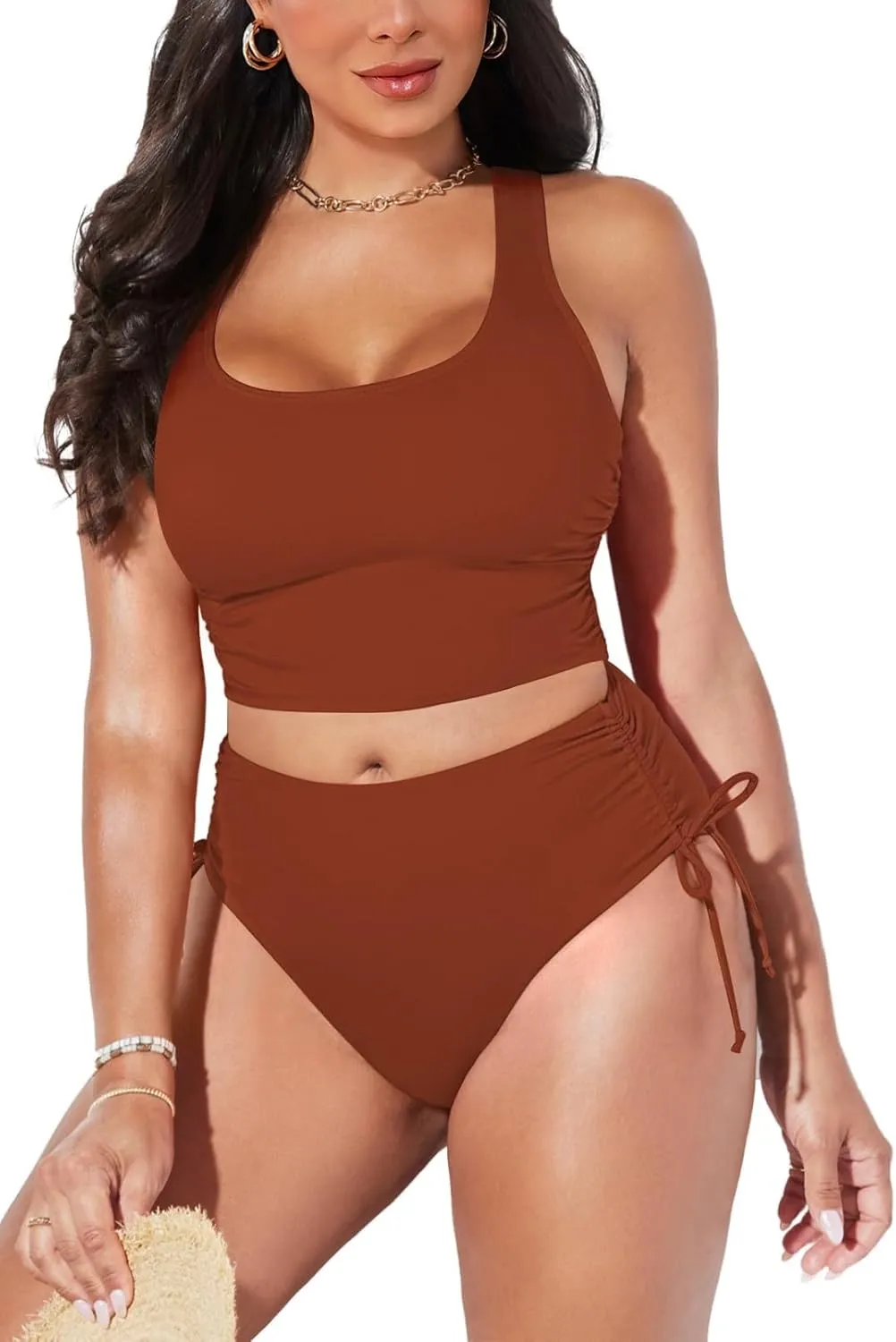 Pink Queen Women's Scoop Neck Racerback Ruched Crop Top High Waisted Bikini Sets 2 Piece Swimsuit Bathing Suit