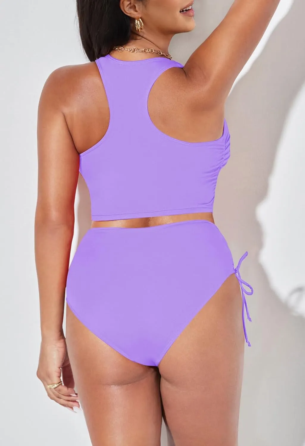 Pink Queen Women's Scoop Neck Racerback Ruched Crop Top High Waisted Bikini Sets 2 Piece Swimsuit Bathing Suit
