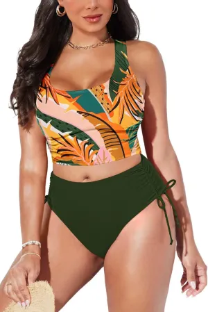 Pink Queen Women's Scoop Neck Racerback Ruched Crop Top High Waisted Bikini Sets 2 Piece Swimsuit Bathing Suit