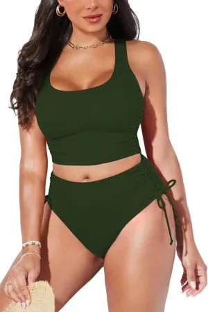 Pink Queen Women's Scoop Neck Racerback Ruched Crop Top High Waisted Bikini Sets 2 Piece Swimsuit Bathing Suit