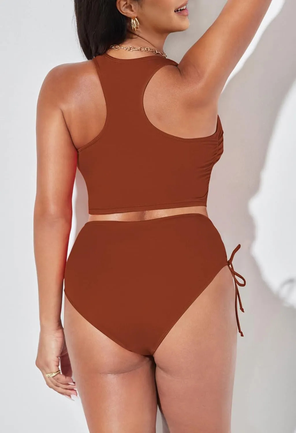 Pink Queen Women's Scoop Neck Racerback Ruched Crop Top High Waisted Bikini Sets 2 Piece Swimsuit Bathing Suit