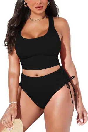 Pink Queen Women's Scoop Neck Racerback Ruched Crop Top High Waisted Bikini Sets 2 Piece Swimsuit Bathing Suit