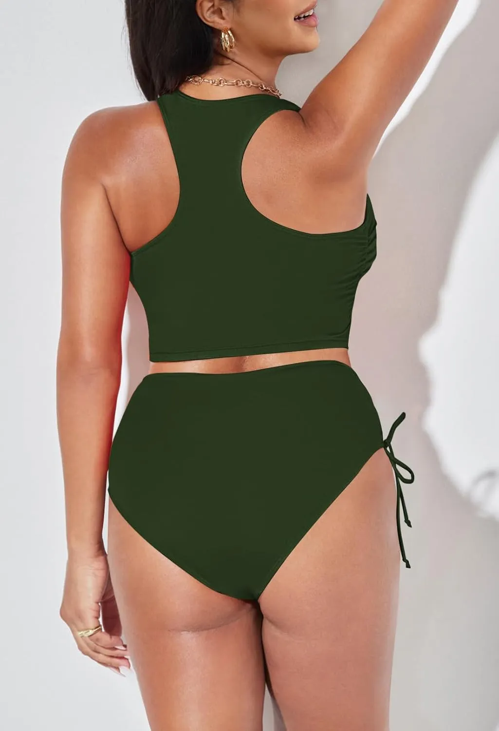 Pink Queen Women's Scoop Neck Racerback Ruched Crop Top High Waisted Bikini Sets 2 Piece Swimsuit Bathing Suit