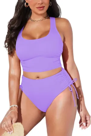 Pink Queen Women's Scoop Neck Racerback Ruched Crop Top High Waisted Bikini Sets 2 Piece Swimsuit Bathing Suit