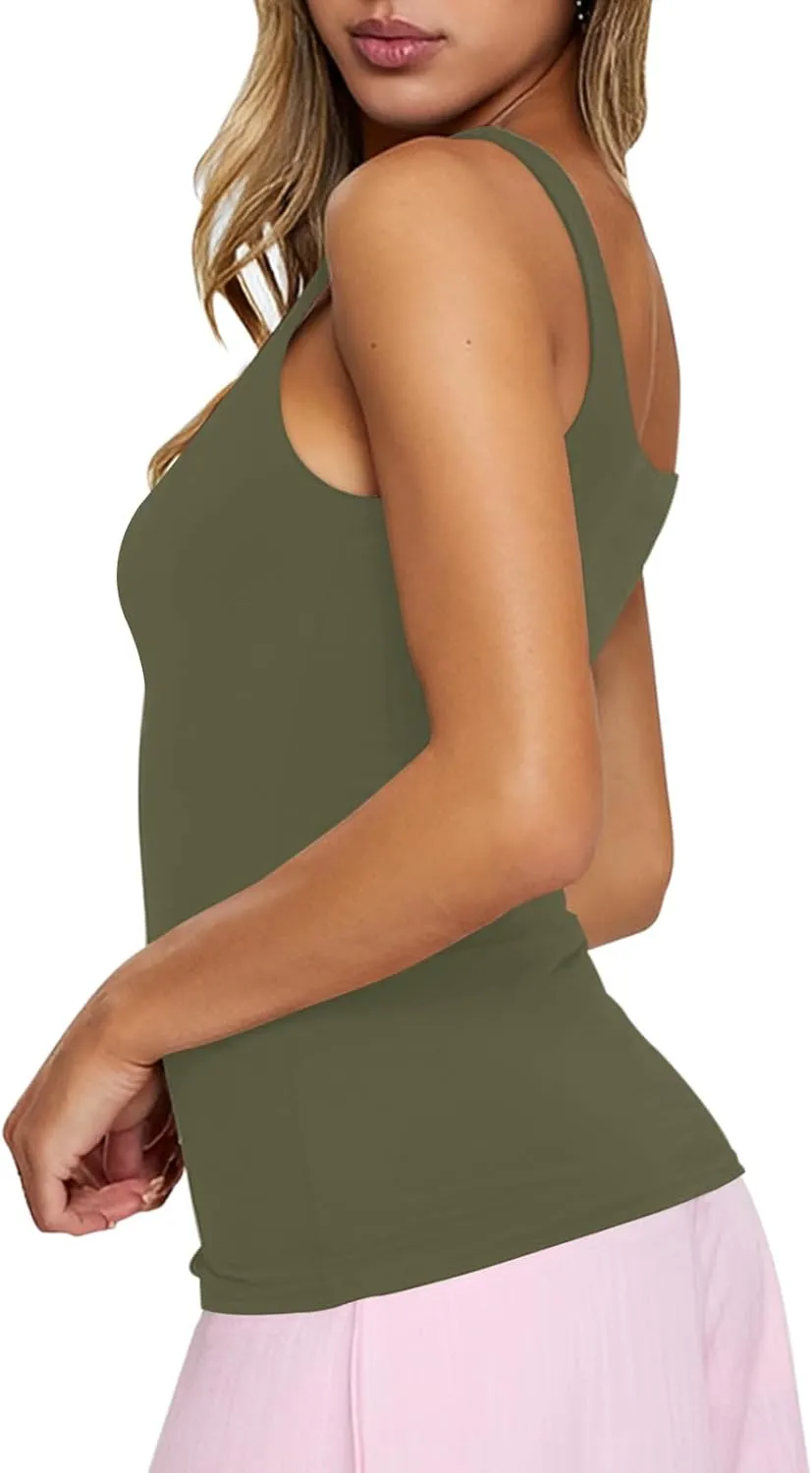 PINKMSTYLE Womens Square Neck Tank Tops Cute Double Layer Seamless Workout Tops Summer Sleeveless Shirts