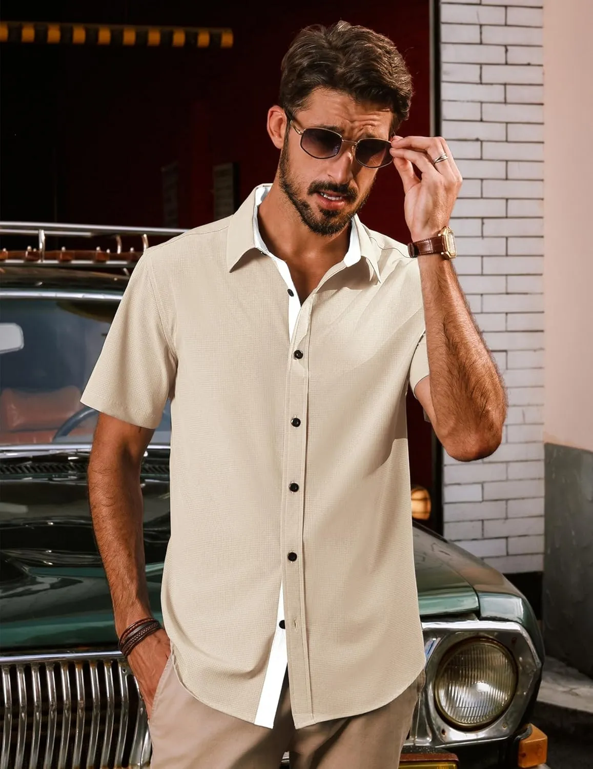 PJ PAUL JONES Mens Short Sleeve Button Down Shirts Casual Stylish Wrinkle-Free Untuckit Dress Shirt