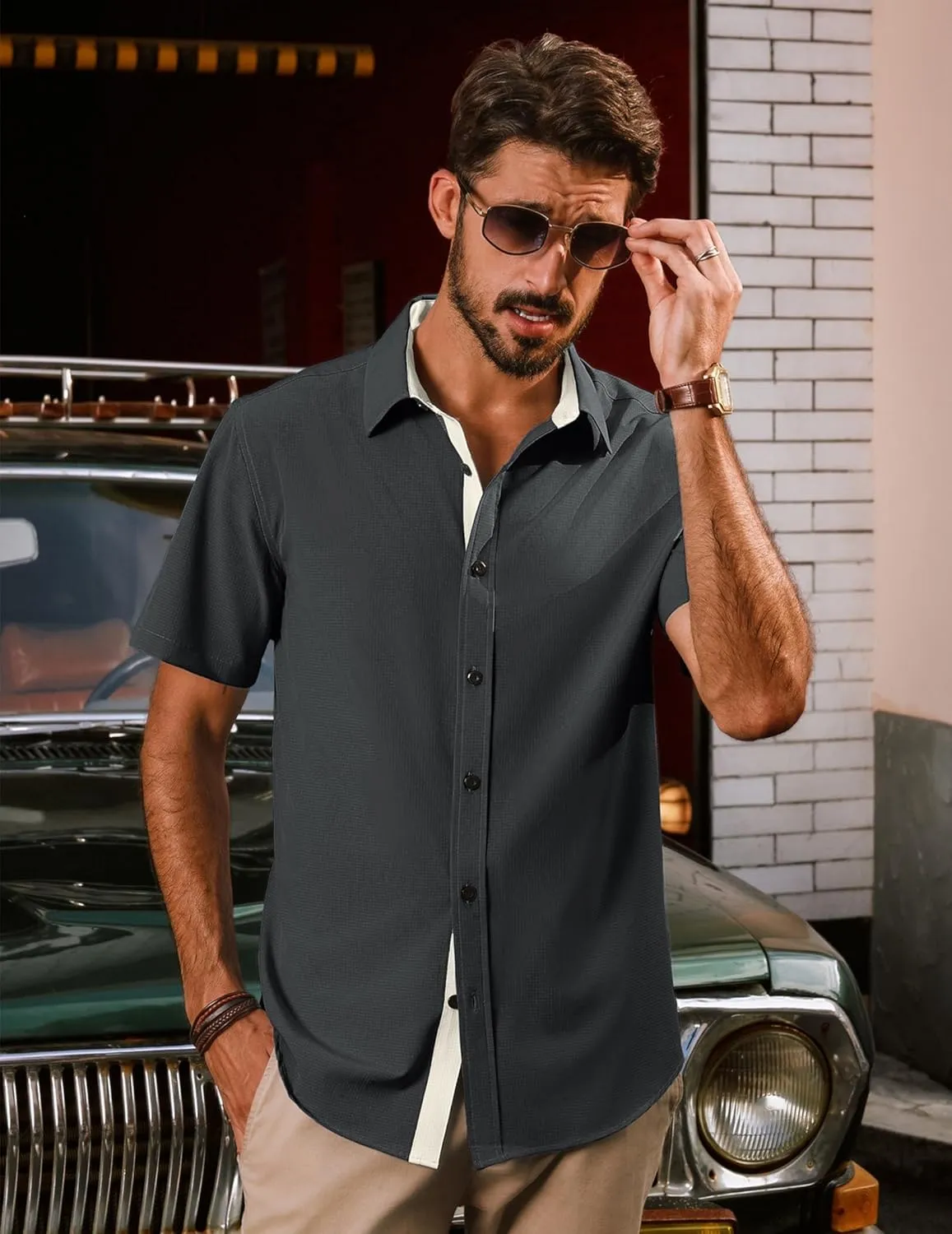 PJ PAUL JONES Mens Short Sleeve Button Down Shirts Casual Stylish Wrinkle-Free Untuckit Dress Shirt
