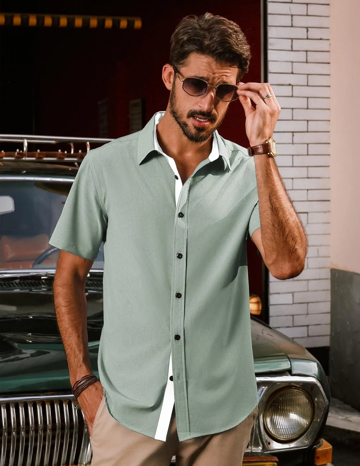 PJ PAUL JONES Mens Short Sleeve Button Down Shirts Casual Stylish Wrinkle-Free Untuckit Dress Shirt