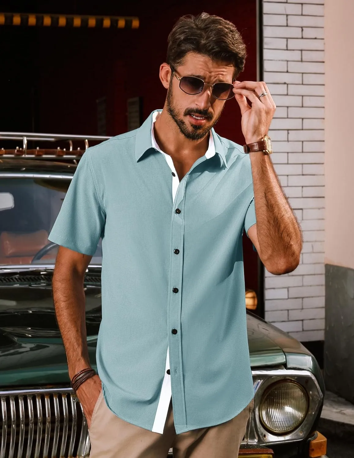 PJ PAUL JONES Mens Short Sleeve Button Down Shirts Casual Stylish Wrinkle-Free Untuckit Dress Shirt
