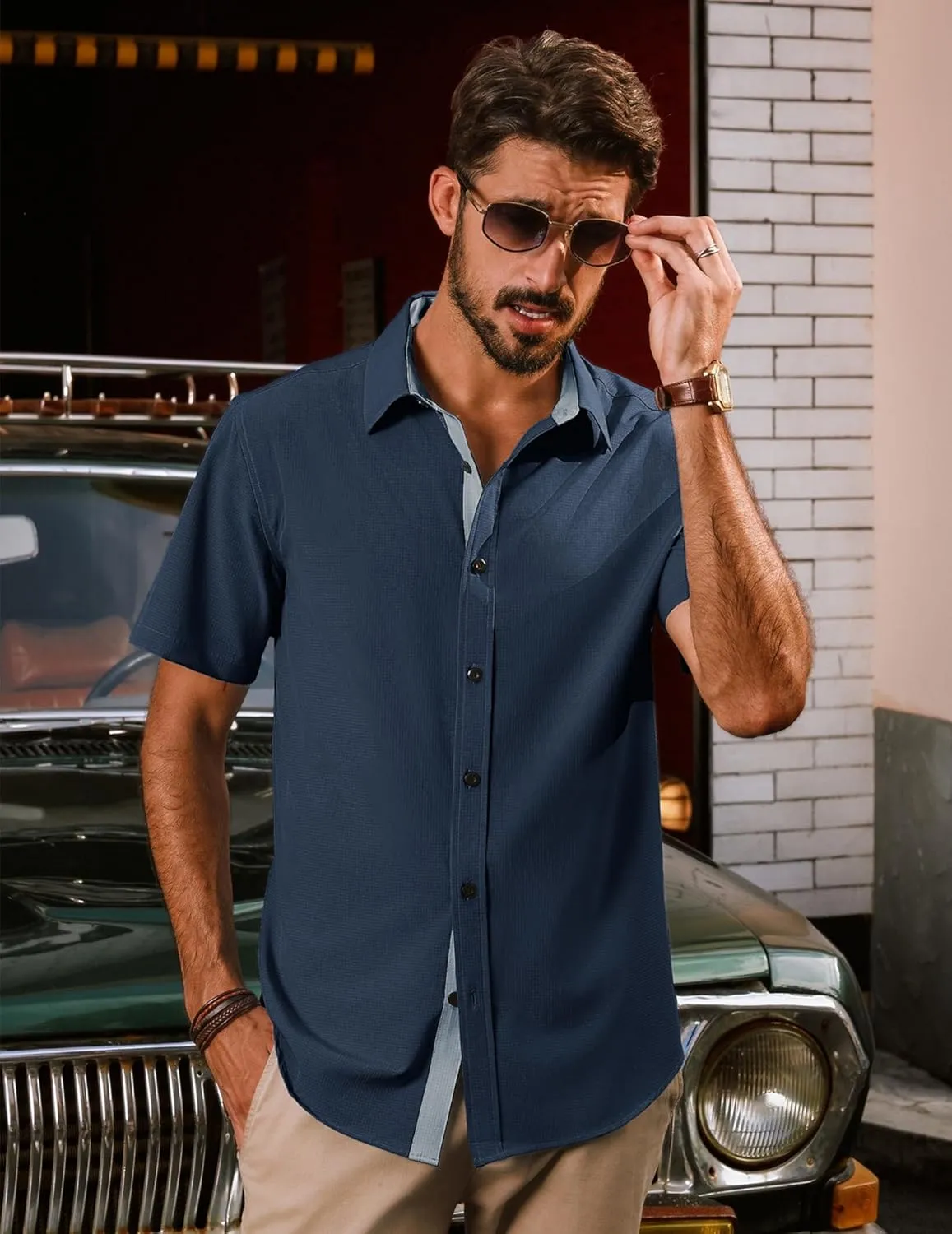 PJ PAUL JONES Mens Short Sleeve Button Down Shirts Casual Stylish Wrinkle-Free Untuckit Dress Shirt