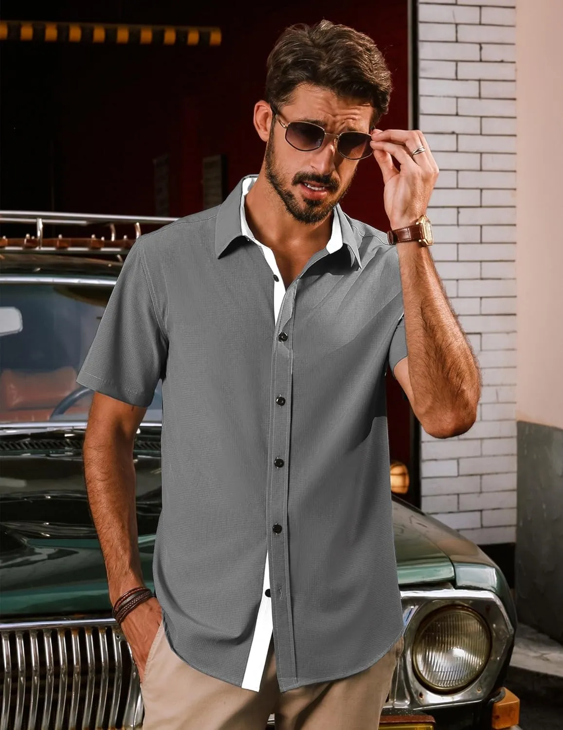 PJ PAUL JONES Mens Short Sleeve Button Down Shirts Casual Stylish Wrinkle-Free Untuckit Dress Shirt