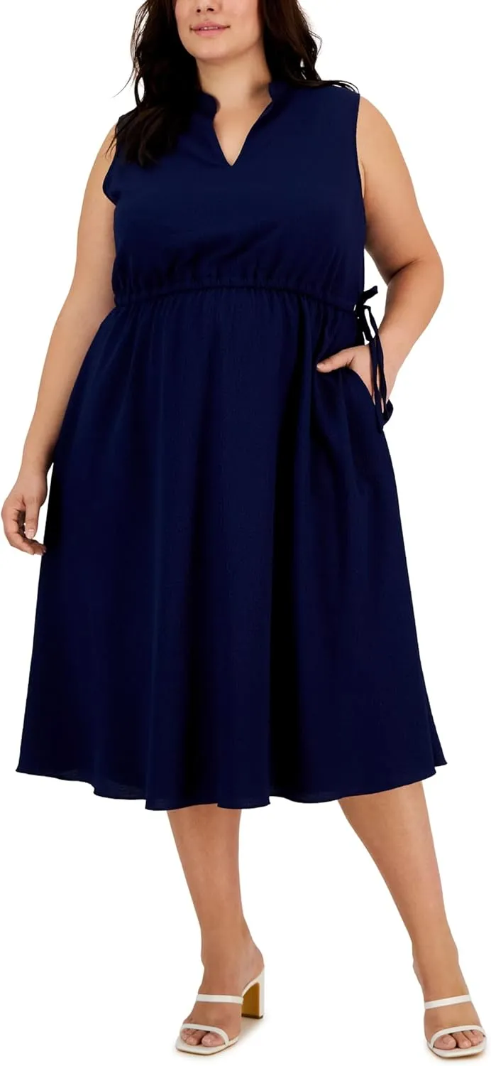 Plus Size Textured Drawstring Midi Dress Distant Mountain 3X