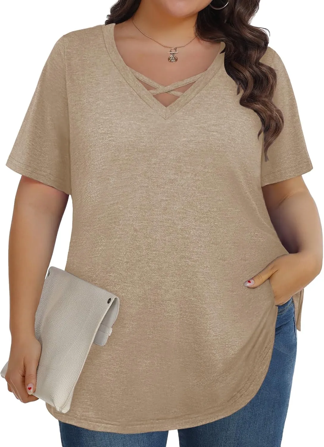 Plus Size Tops for Women Summer Trendy Criss Cross Shirts Oversized Casual Loose Fit Tunic Tops