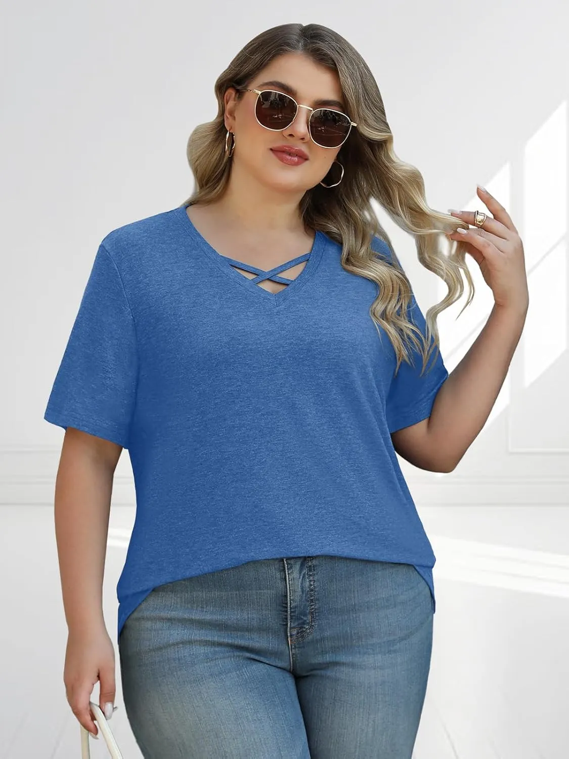 Plus Size Tops for Women Summer Trendy Criss Cross Shirts Oversized Casual Loose Fit Tunic Tops